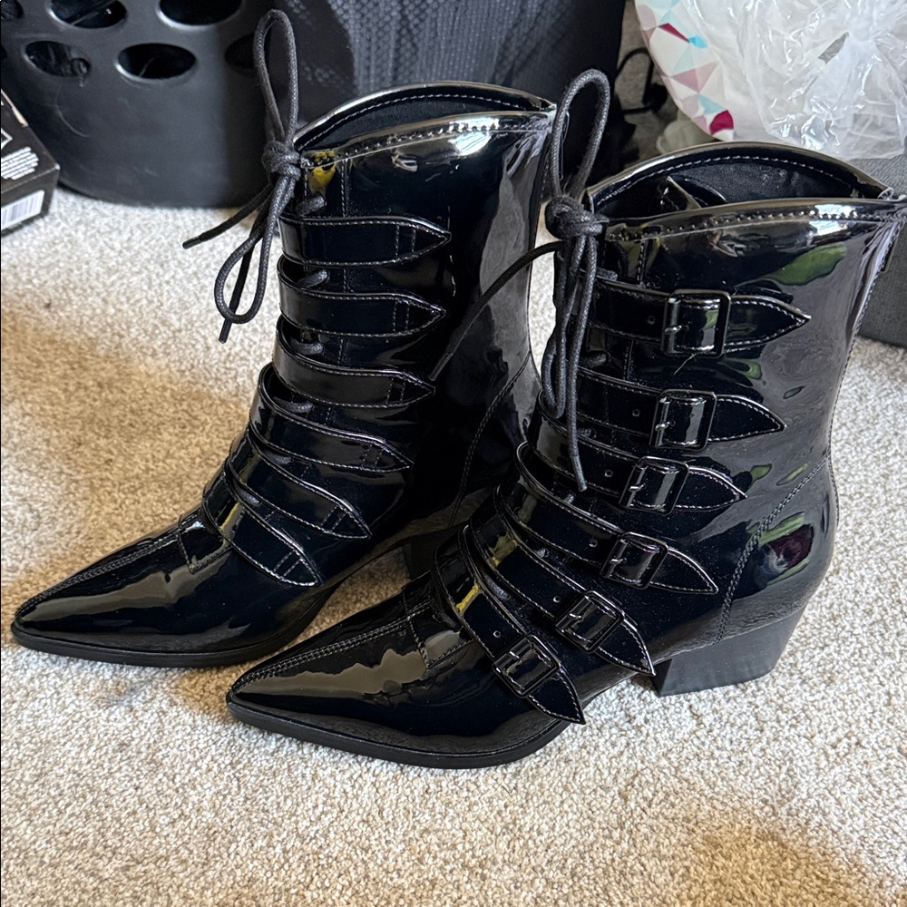 Elegant Black Patent Lace-Up Boots